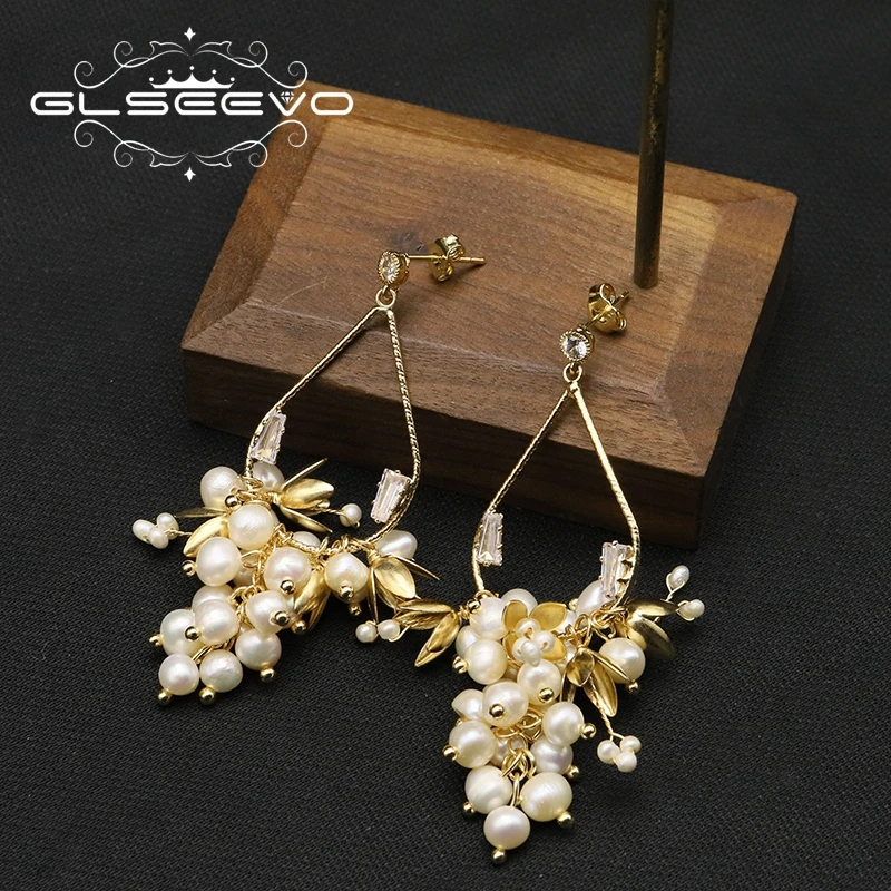 

GLSEEVO Natural Freshwater Pearl Strings Golden Shining Drop Earrings 2022 Korean Luxury Modern Women's Dangle Earrings Wedding