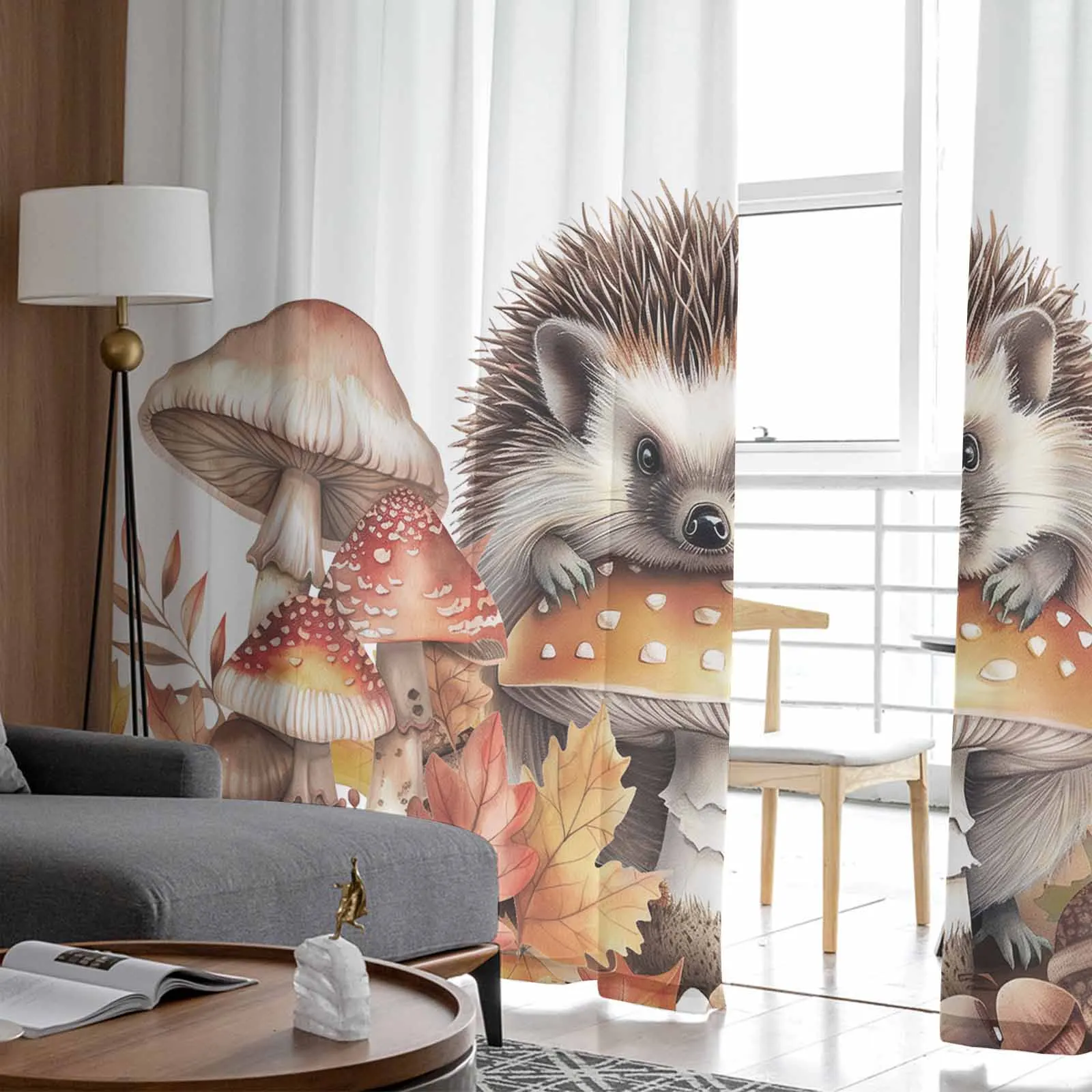 Осенние тюлевые шторы с листьями тыквой грибом ежиком для гостиной прозрачные