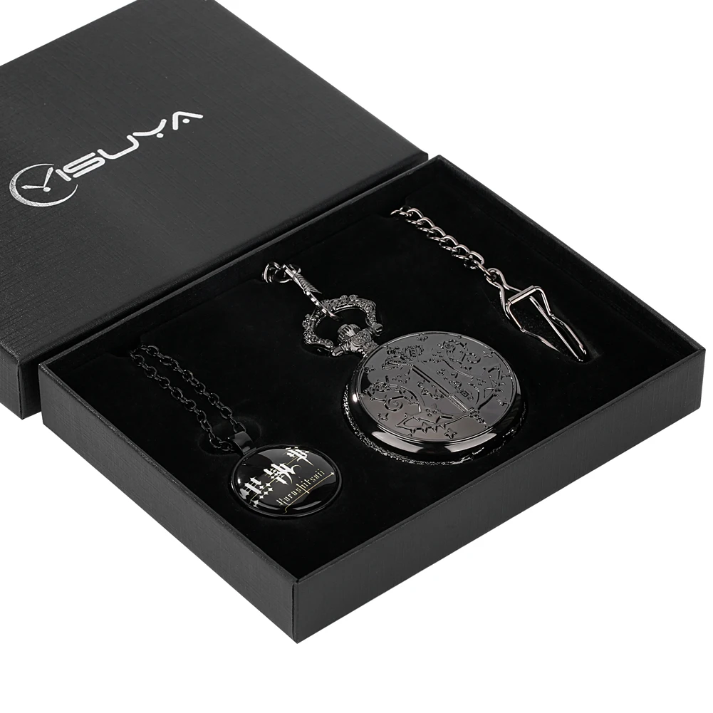Anime Fashion Black Butler Quartz Pocket Watch Sets Antique Fob Chain Pendant Pocket Clock Set Gifts for Anime Boy Girl