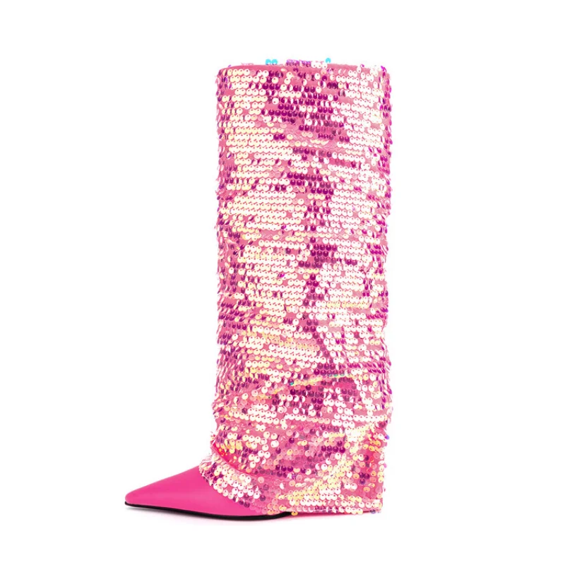 

2023 Latest Sequins Wedge Heel Knee Length Boots Fashion Magazine Women's Pointed Head Rose Red Spring Autumn Boots Size 35-41