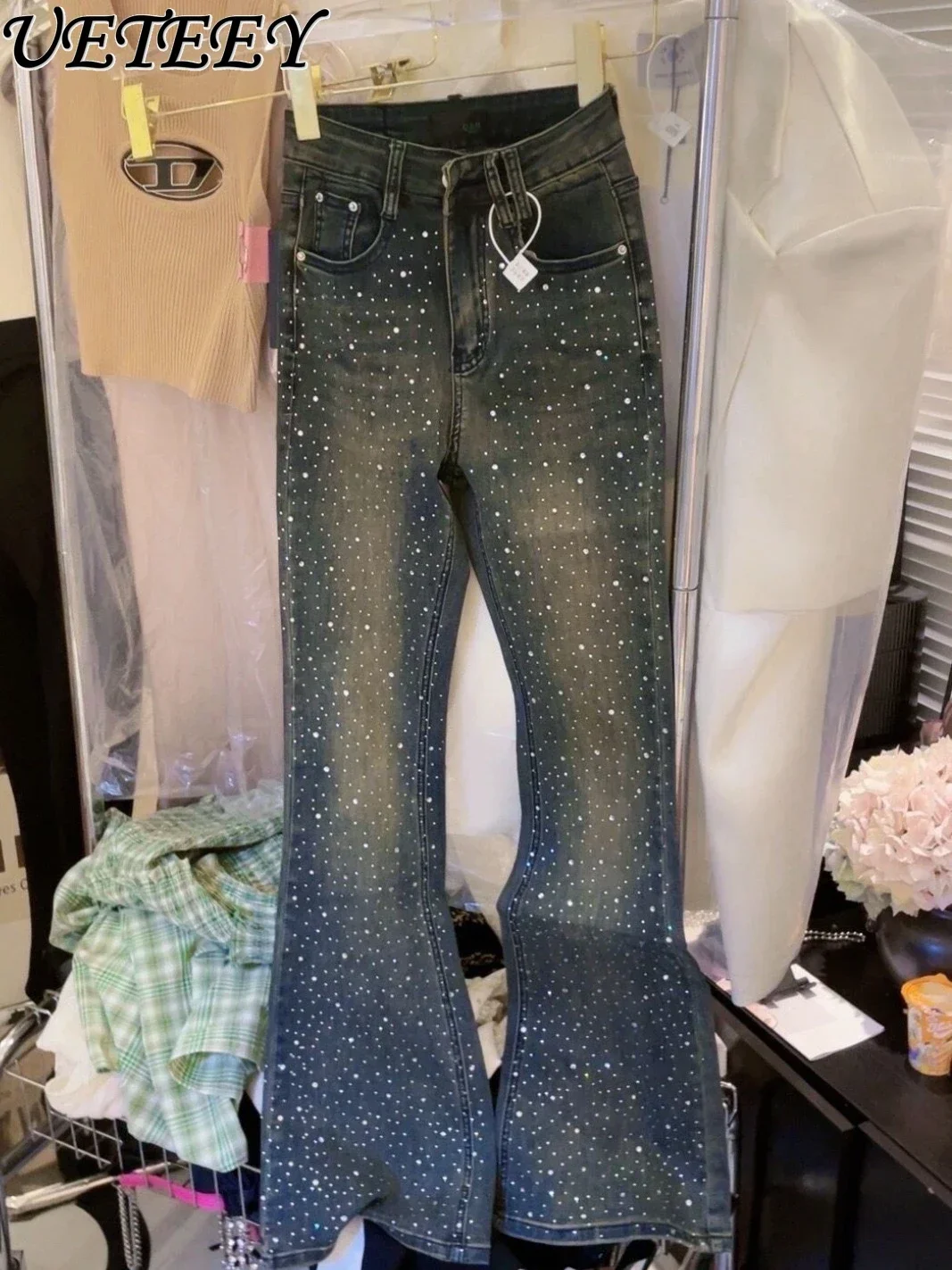 Женские джинсовые брюки с завышенной талией облегающие в стиле ретро Осенние