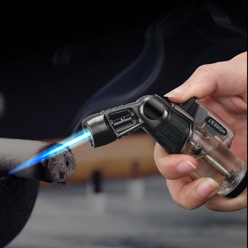 Creative Rotatable Head Lighter Blue Flame Cigar Windproof Lighter Metal Butane Gas Lighter High Temperature Flame Visible Gas