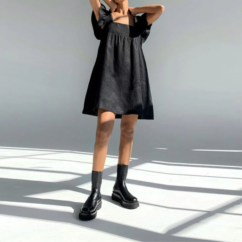 

Elegant Dresses for Women 2022 New Fashion High Waist Square Collar Black Dress Solid Loose Leisure Flying Sleeve Midi Dress