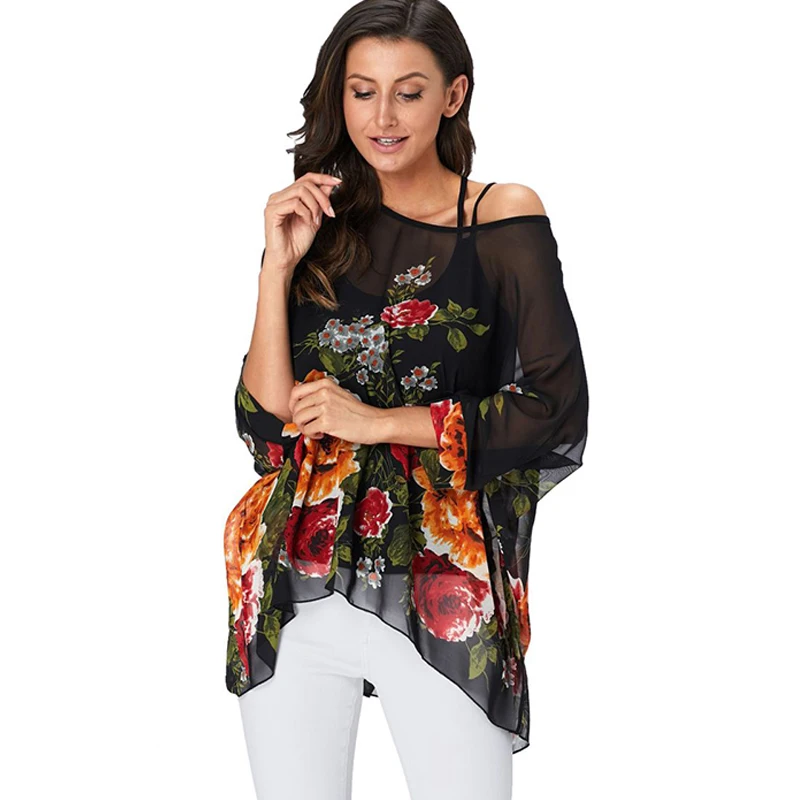 

BHflutter Women Tops Tunic 2019 New Style Floral Print Chiffon Blouse Shirt Batwing Casual Loose Summer Shirts Plus Size Blusas
