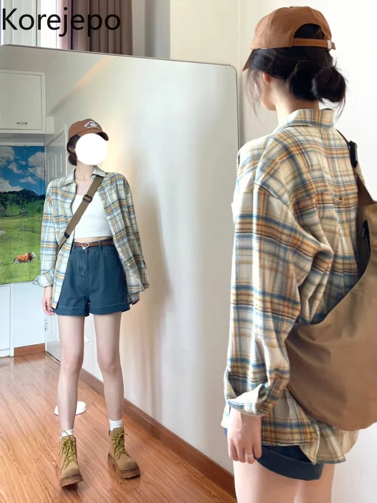

Корейская рубашка в клетку с длинными рукавами, новинка весны-осени 2023, винтажный Топ, свободное тонкое пальто, рубашка, повседневные Модные...