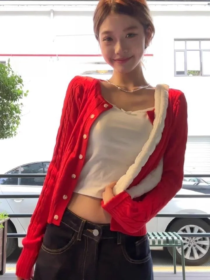 Весенне-осенний новый красный вязаный кардиган корейская серия укороченный