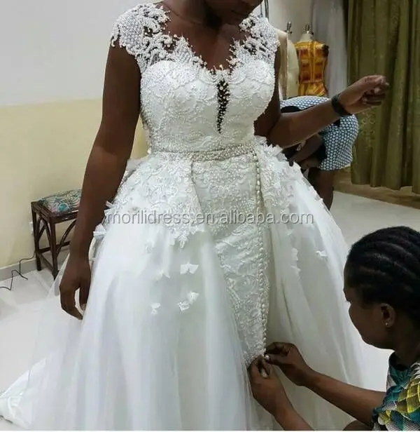

Vestidos De Novia African Handwork Sheer Neck Plus Size Bridal Lace Wedding Dresses With Detachable Train 2023