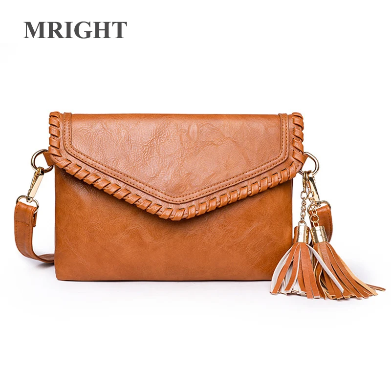 Купи Solid Color Leather Crossbody Messenger Bag Women Versatile Tassel Shoulder Handbags Vintage Crossbody Envelope Bag Domil105 за 1,298 рублей в магазине AliExpress