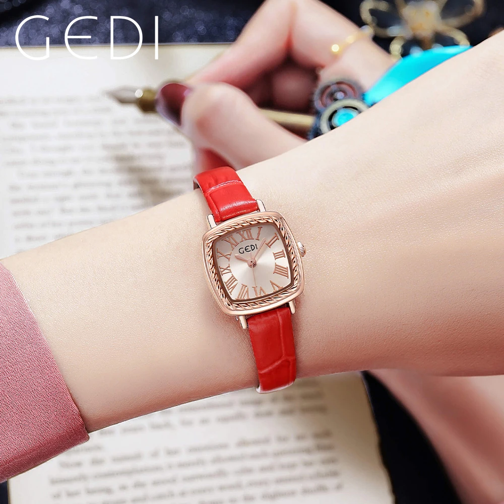 GEDI Retro Small Watch for Women Luxury Brand Leather Strap Roman Dial Waterproof Ultra-thin Ladies Watches Vintage Female Clock