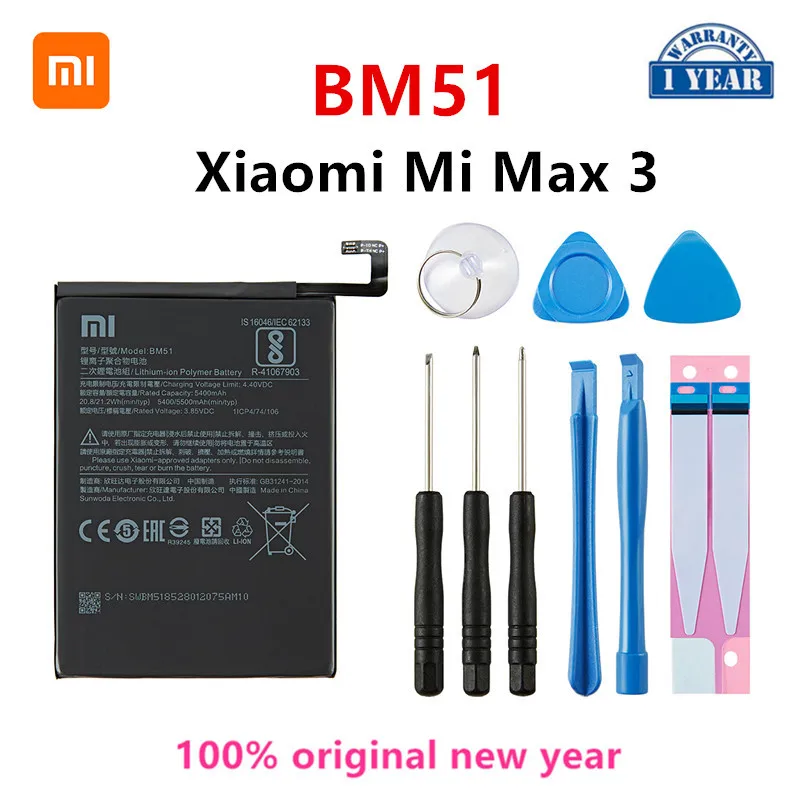 

Xiao mi 100% Orginal BM51 5500mAh Battery For Xiaomi Mi Max 3 Max3 BM51 High Quality Phone Replacement Batteries +Tools
