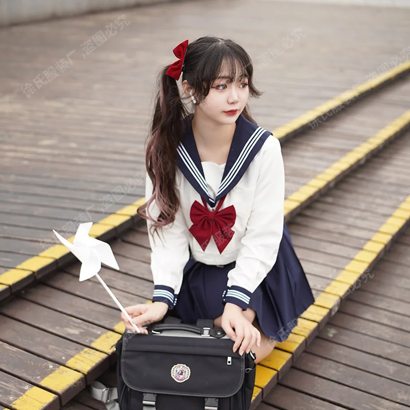 Japanese girls' school uniform, Harajuku basic suit, cartoon navy blue, Kawai women's dress, sailor shirt, student pleated skirt