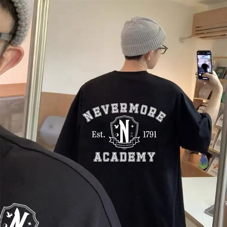 

Wednesday Addams Nevermore Academy Graphic Logo Print Tshirt Short Sleeve Men's Loose T Shirt Men Women Fashion Pure Cotton Tees