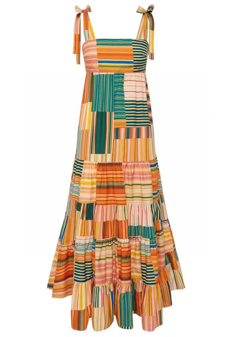 

Vintage Stripe Print Waist Chest Beach Holiday Long Dress Ribbon Bow Elegant Retro Ball Gown Ruffles Lady Dresses