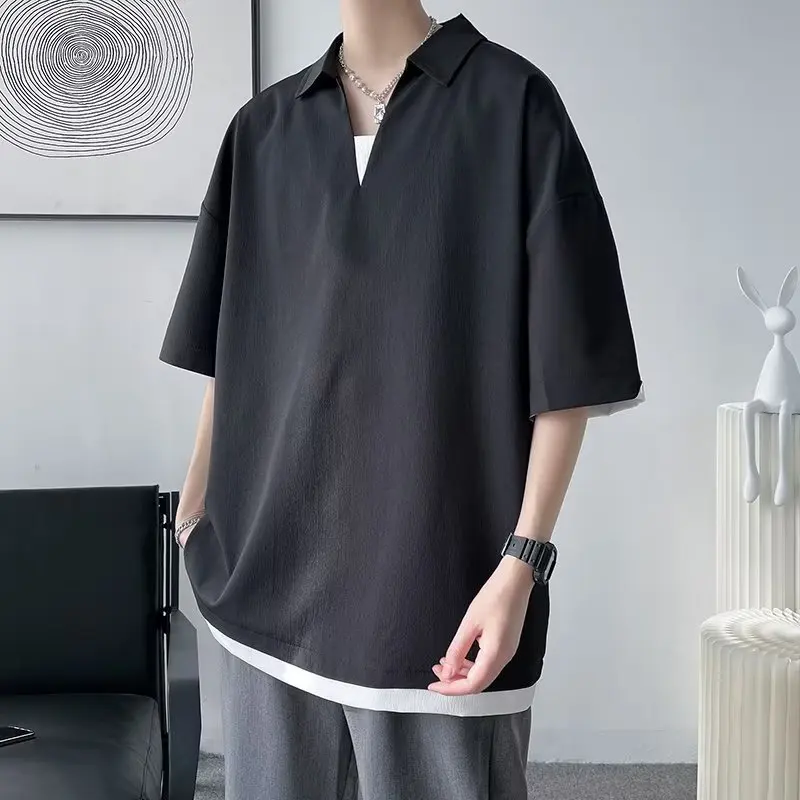 

Men V-neck Polo Shirt Solid Color Summer Breathable Tops Casual Turn-Down Collar T-shirt Short Sleeve Loose Male Fashion Tees