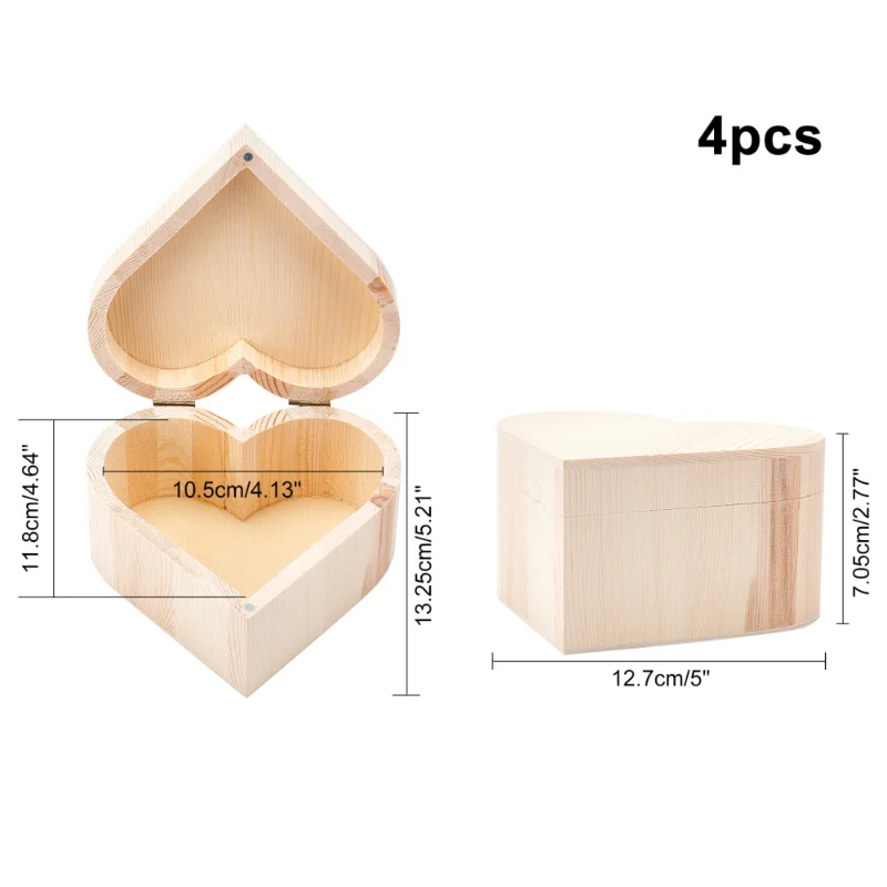 4Pcs New Heart Shape Wood Box Earring Ring Necklace Jewelry Storage Boxes Wedding Gift Cosmetic Organizer Case 12.7x13.25x7.05cm