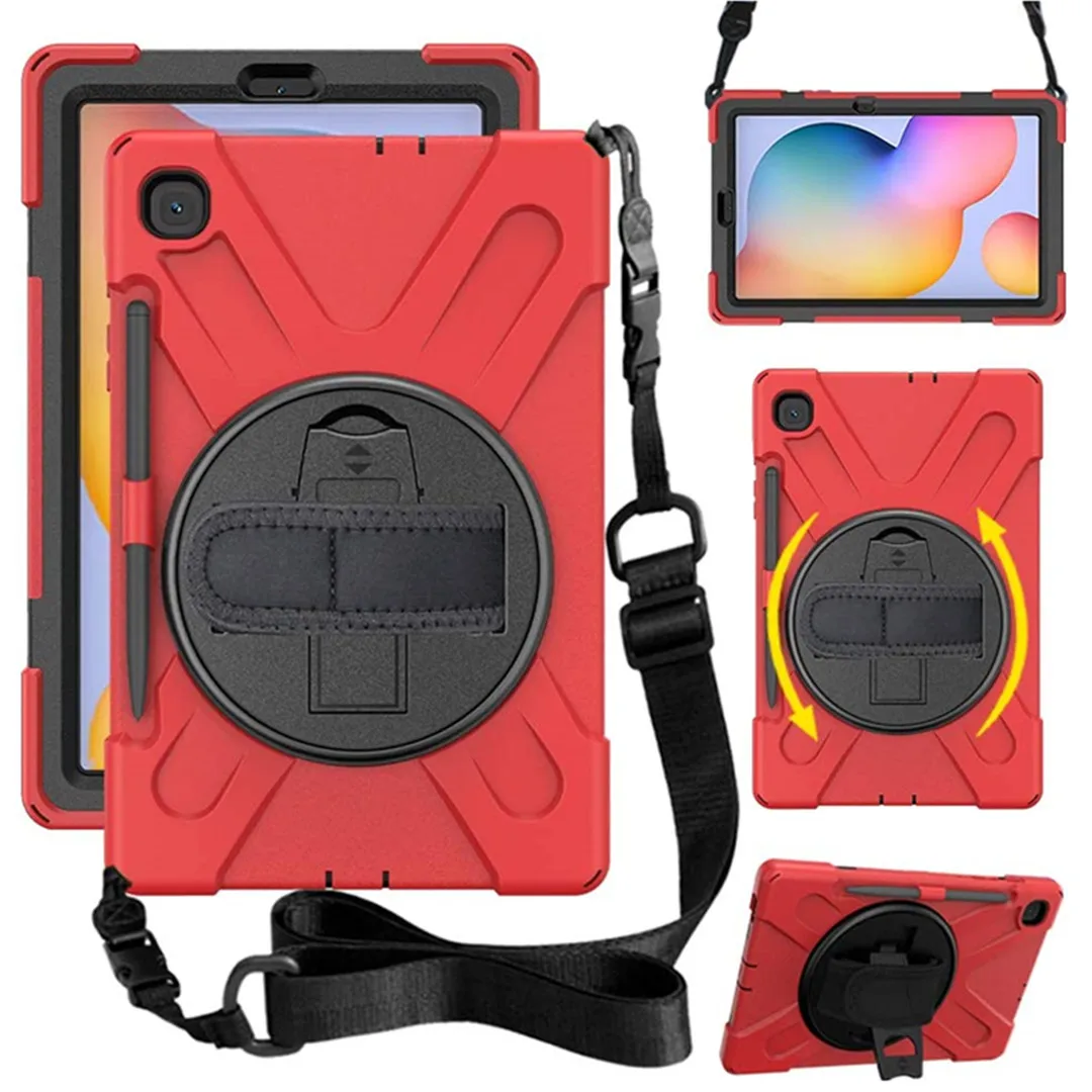 

Galaxy Tab S6 Lite Case 10.4 Heavy Duty Shockproof Case Rotate Kickstand/Hand+Neck Strap For Samsung Tab S6 10.4 SM-P610/P615