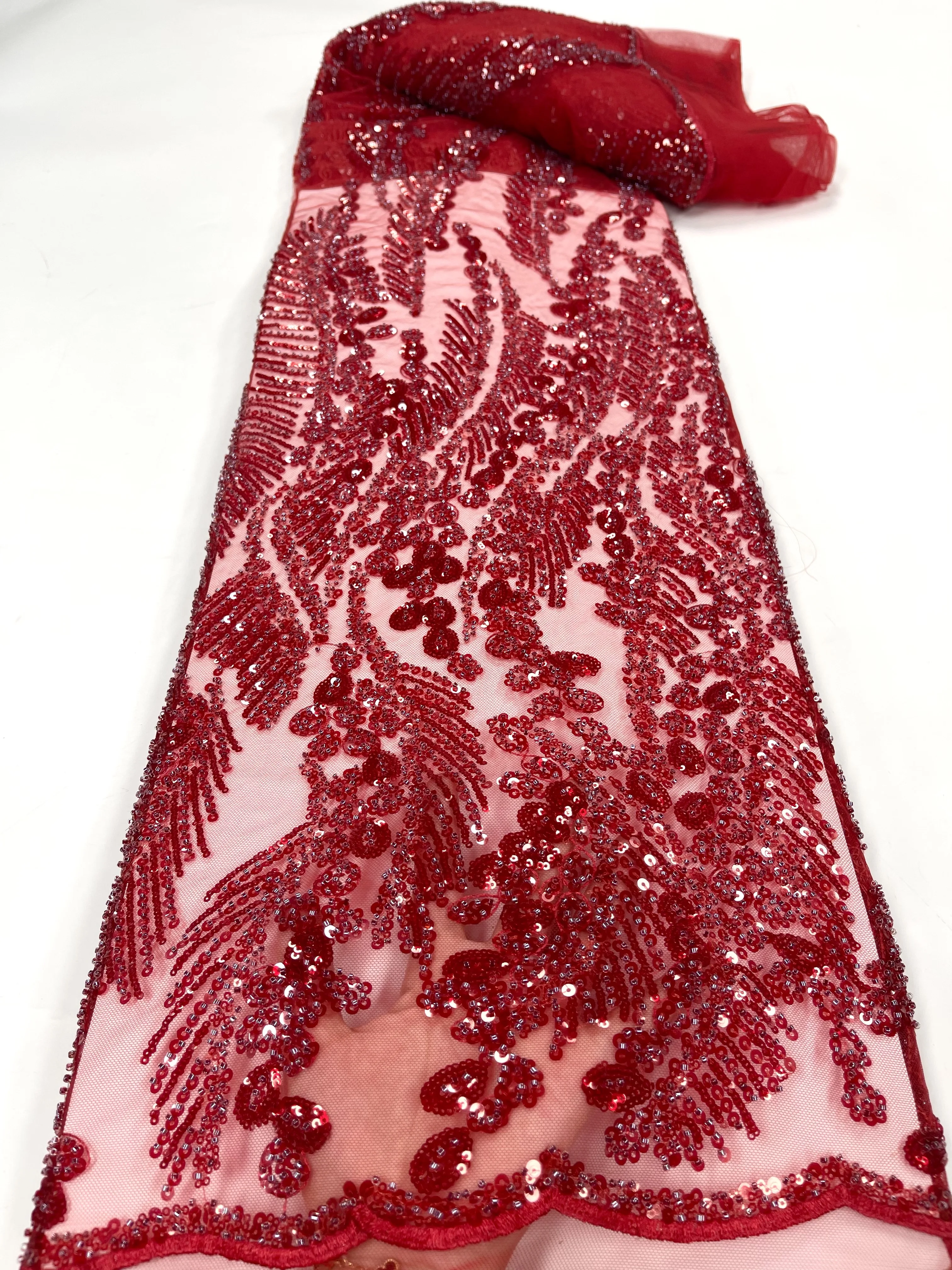 

Красные французские тяжелые блестки, свадебная Тюлевая кружевная ткань 2023, высококачественные африканские нигерийские бусины, сетчатая ткань для вечерней вечеринки