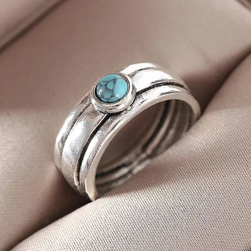 

Fashion Blue Stone Ring Boho Retro Engraving Personality Vintage Ring for Men and Women Ethnic Style Simple Jewelry