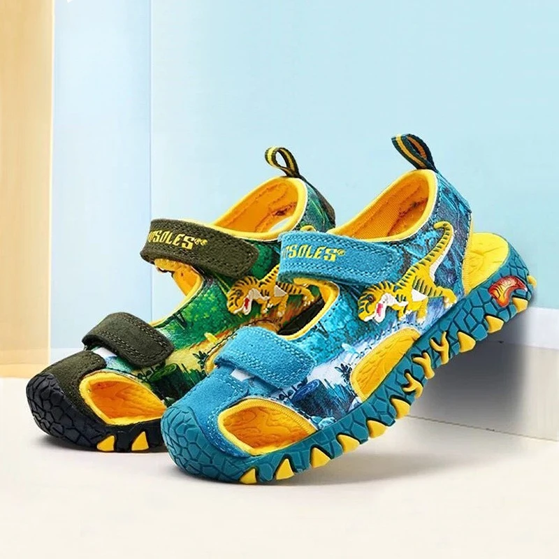 

Children Sandals Kids Summer Beach Shoes Leather Closed Toe Dinosaur 2023 New Boys Girls Outdoor Casual Sandals