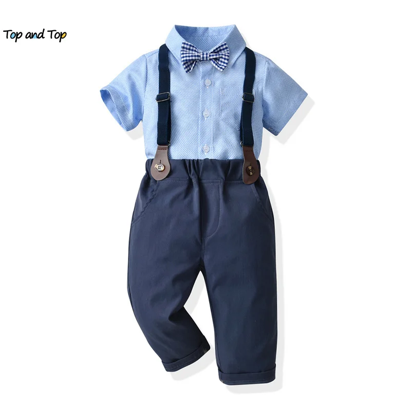 top and top Newborn Baby Toddler Boys Gentleman Clothing Sets Short Sleeve Casual Bowtie Shirts+Overalls Trousers Formal Suits
