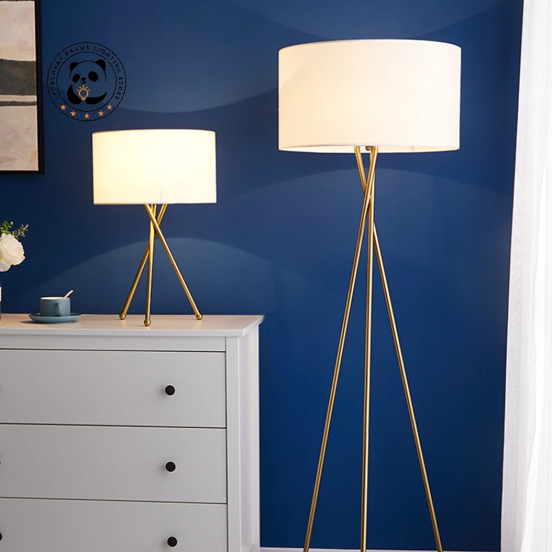 

Nordic Designer LED Floor Lamps Tripod Metallic Luster Cloth Art Lampshade Living Room Bedroom Stand Lights Home Room Decoration