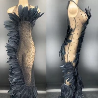 sexy colorful women dress backless perspective feathers halter evening banquet clothing party birthday ballroom stage costume