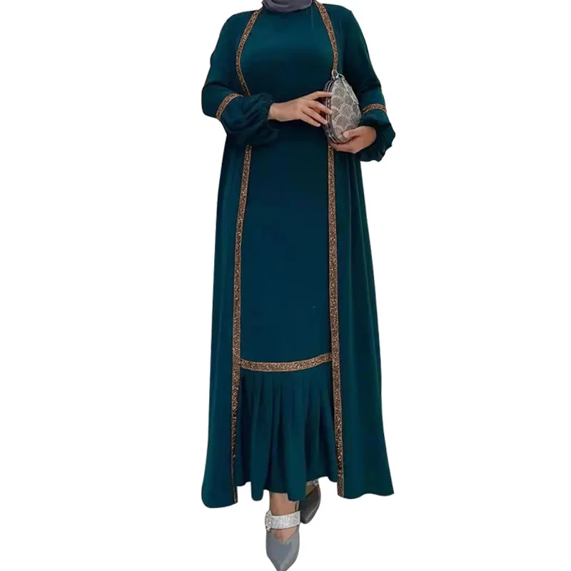 Muslim Middle East Women Vintage Dress Two Piece Set Long Sleeves Coat Sequins Cardigan And Dress Pleat Bottom Gowns Dubai Abaya