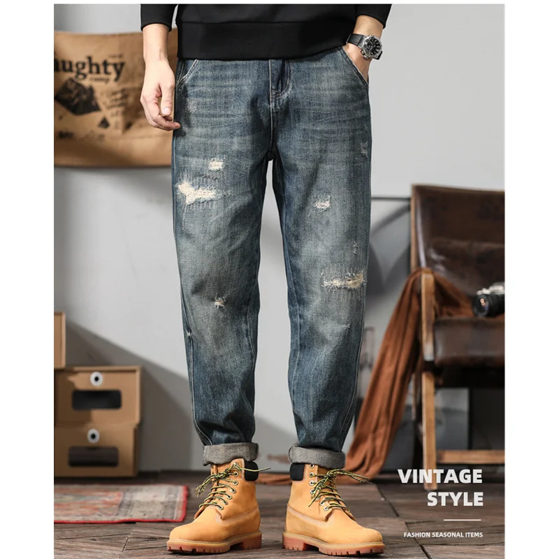 

Streetwear Men Pattern Hole Patch Jeans Loose Recreational Straight Cylinder Blue Temperament Trousers Autumn Female 2022 New