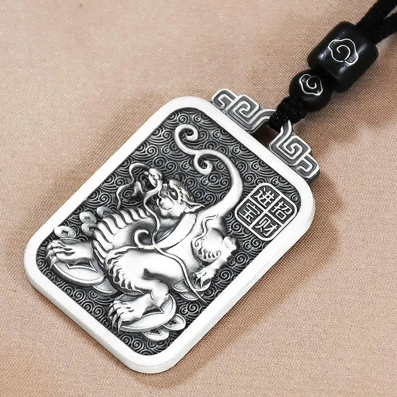 Винтажный кулон Pixiu - collier с подвеской, стиль Fengshui, посеребренный, квадратный китайский, брелок для ключей