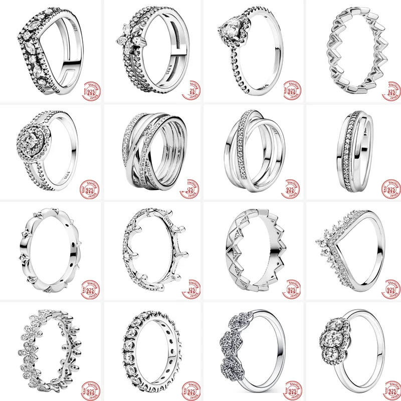 

New Spring Flowers Clear Zircon Crown Love Heart Multilayer Sparkling Rings For Women Original 925 Silver Luxury Charms Jewelry