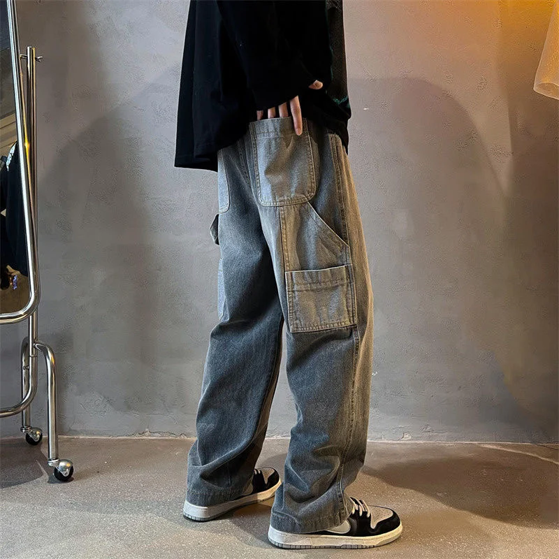 DEEPTOWN Classic Straight Jeans Men Pockets Loose Casual Denim Pants Streetwear Cargo Trousers Male Vintage Hip Hop Spring