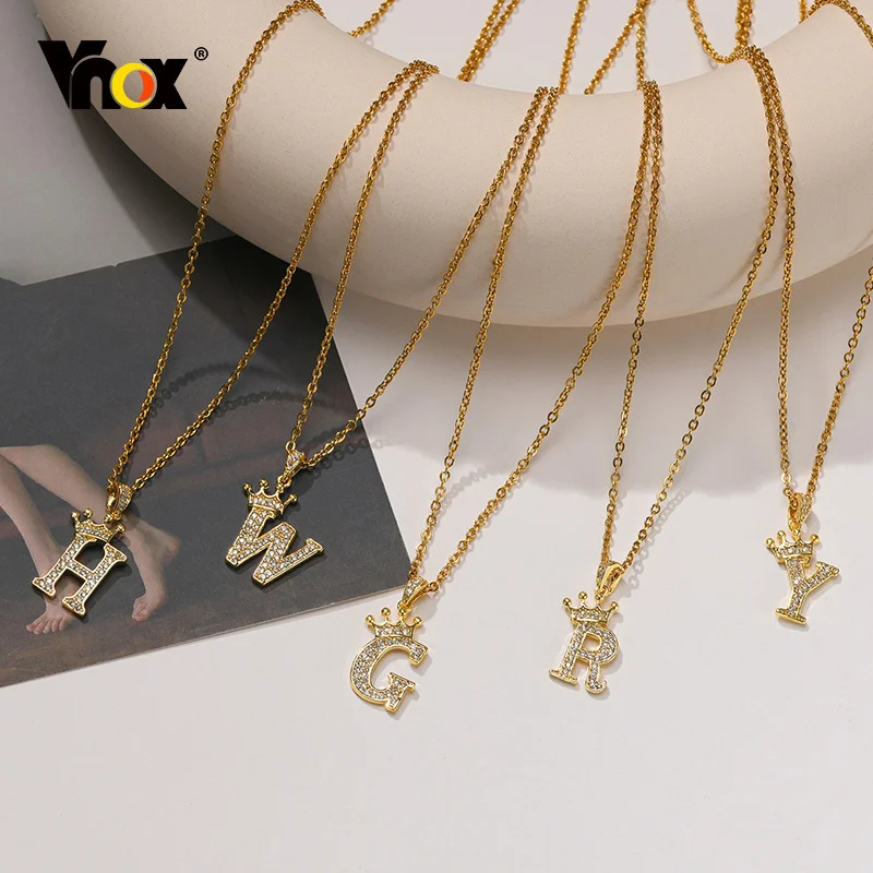 

Vnox Crown Initial Necklaces for Women, Bling A-Z Alphabet Pendant, Gold Color Solid Metal Cool Girls Neck Collar