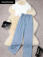 high street womens denim pants sets summer 2022 girls white blouse short cropped top and wide leg trouser suit casual outfits