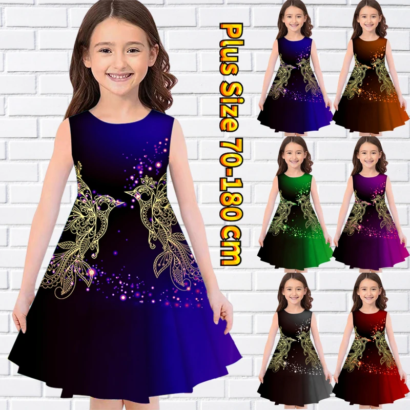 

2022 Summer Round Neck Bird Printed Dress Little Girl Daily Knee-length Skirt Sleeveless Midi Skirt Fashion Loose Size Princess