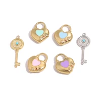 5pcs stainless steel gold enamel love lock key charms couple love pendants diy necklace bracelet jewelry making supplies