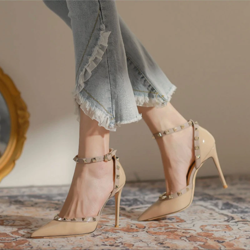 

2022 Summer Shoes Women High Heels Pointed Toe Pumps Sexy Rivet Ankle Strap Thin Heels Female Sandals Ladies Shoe Party Zapatos