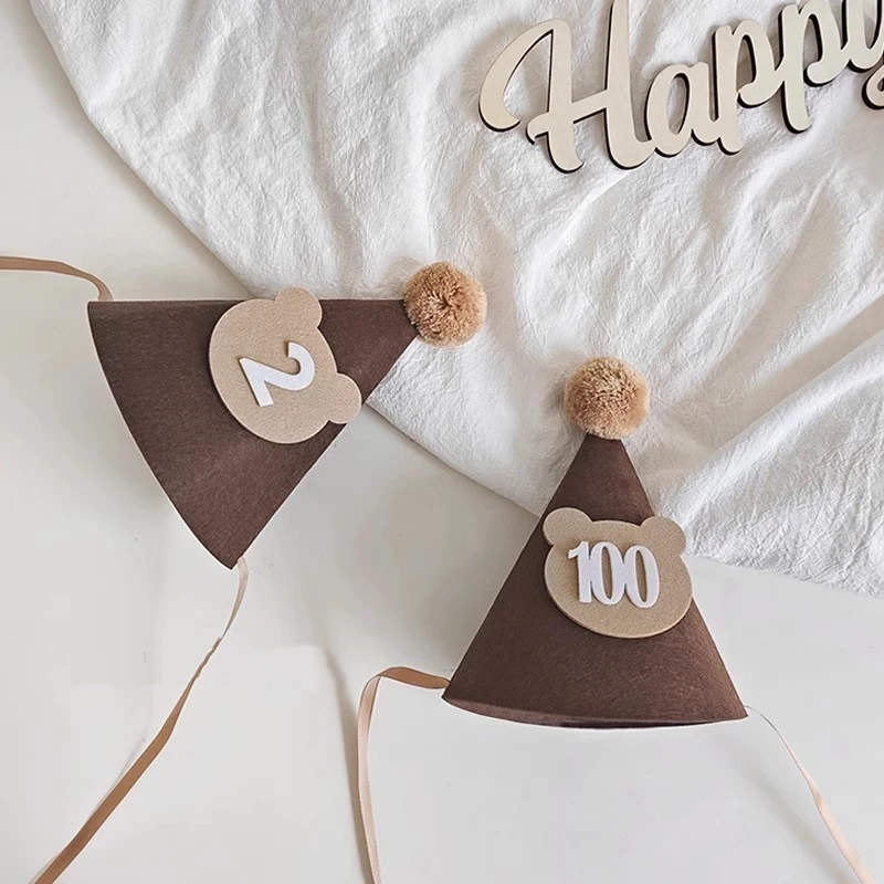 

Kids Brown Coffee Bear Happy Birthday Hat 1st 2nd 3rd Year Old 100 Days Baby Caps The First One 2 3 Year Birthday Crown