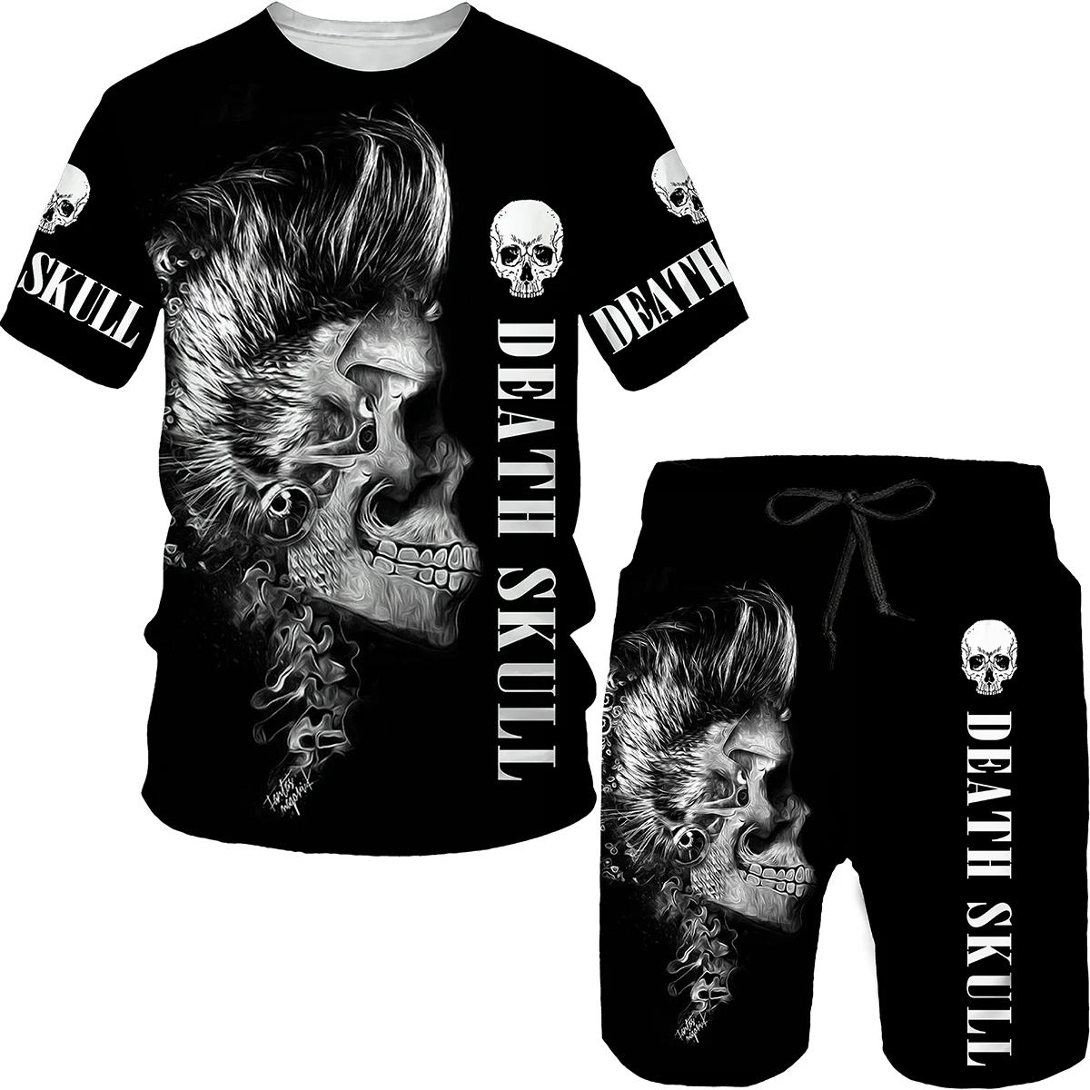 2023 New Summer New 3D Skull Pattern Printed Suit Men's Large Size Casual Fashion Sportswear T-shirt + Shorts Two-piece Suit