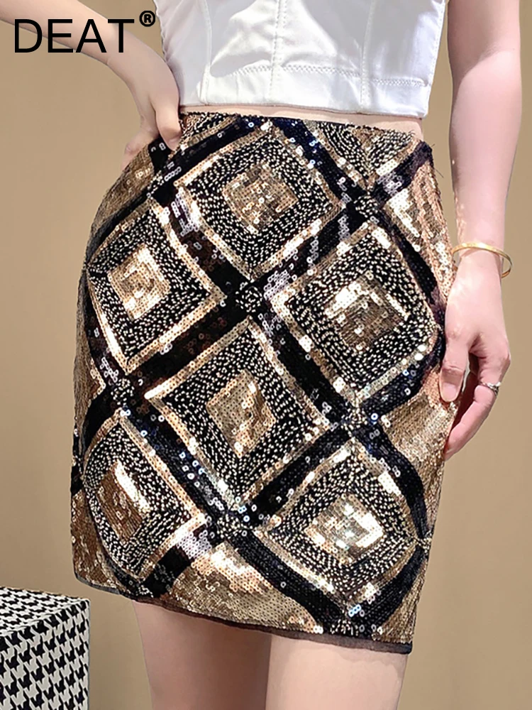 

DEAT Fashion Women's A-line Skirt Slim High Waist Sequins Rhombic Grid Zipper Straight Short Skirts Spring 2023 New 17A5975