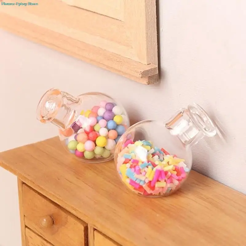 

new 1Pc 1:12 Dollhouse Miniature Candy Jar Storage Tank Slanted Bottom Glass Bottle with Lid Model Home Decor Toy