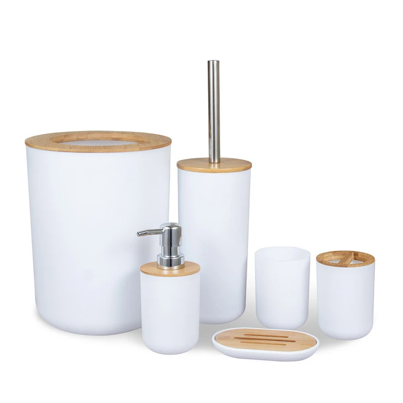 

6Pcs Bamboo Bathroom Set Toilet Brush Holder Toothbrush Glass Cup Soap Dispenser Soap Dish Bathroom Accessories 3 Color
