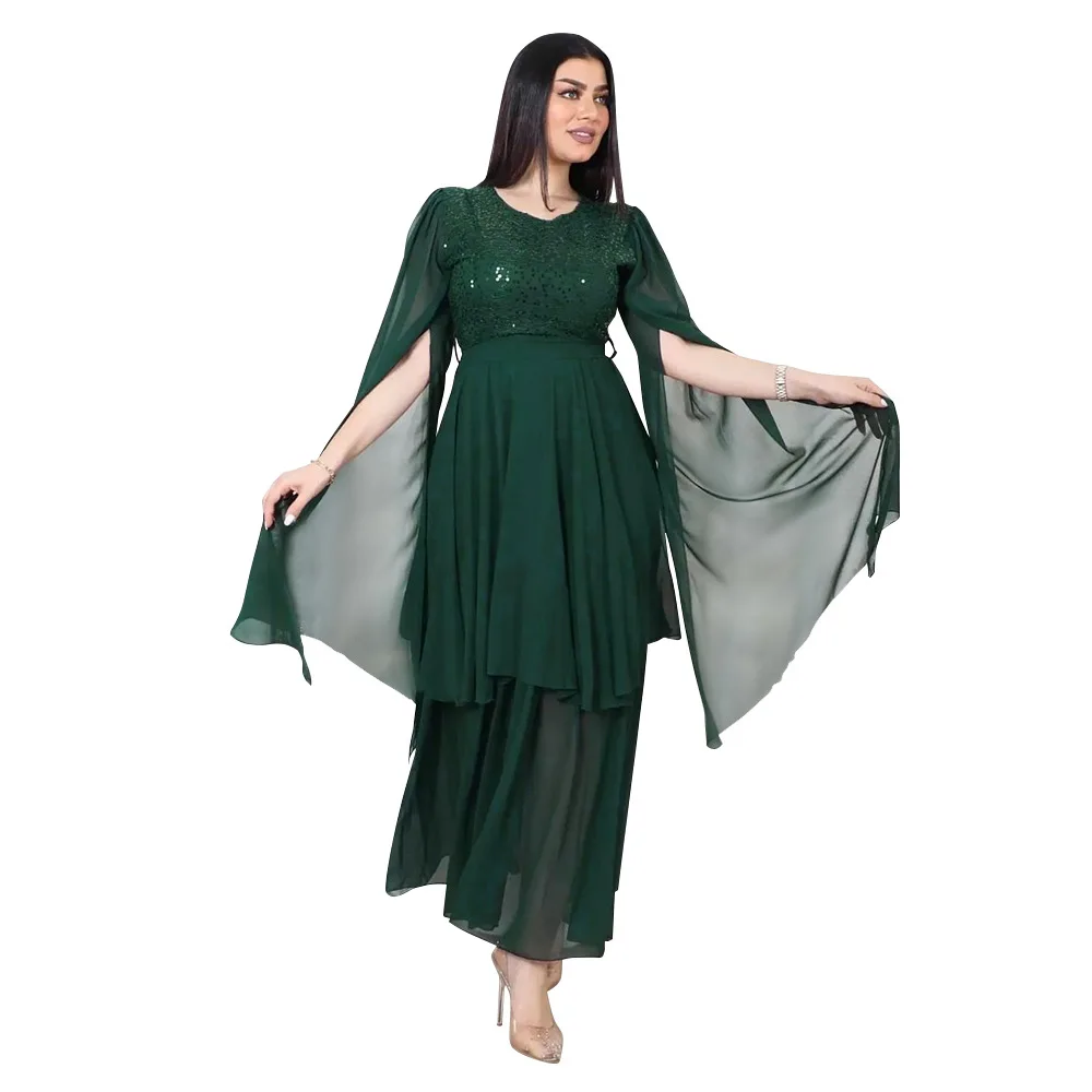 Arabic Evening Dress Muslim Robe with Sash Long Sleeves Round Neck Sequins Patchwork Elegant Middle East Dubai Abaya Party Dress
