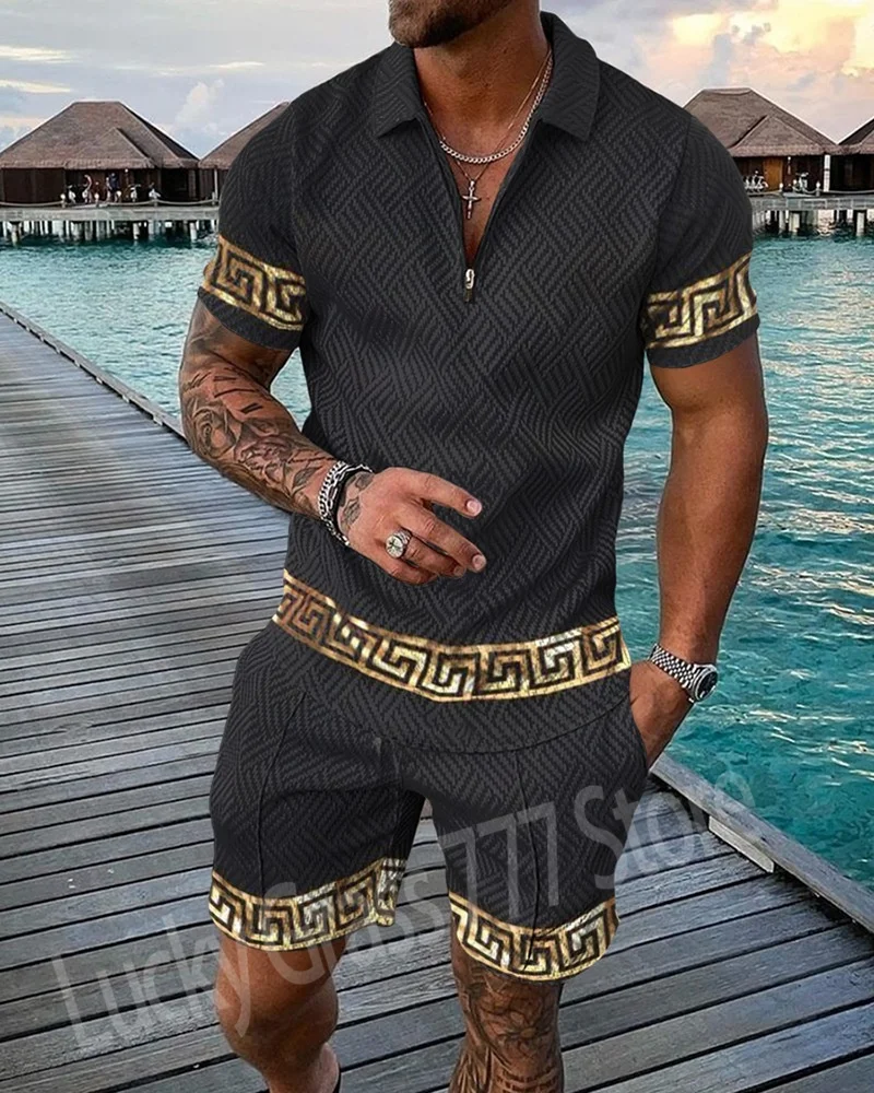 Men's Summer Tracksuit Chain Polo Shirt Set Turn Down Collar Zipper Clothing Streetwear Casual Outfit Suit Gold Luxury Style