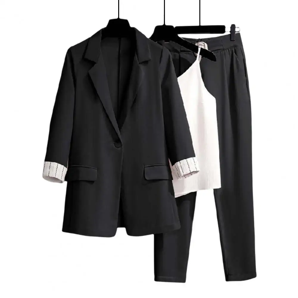 

Women Blazer Suit Pants Vest Set Elastic Waist OL Style Pockets Turn-down Collar Lady Business Outfit Female 3 Pcs/Set