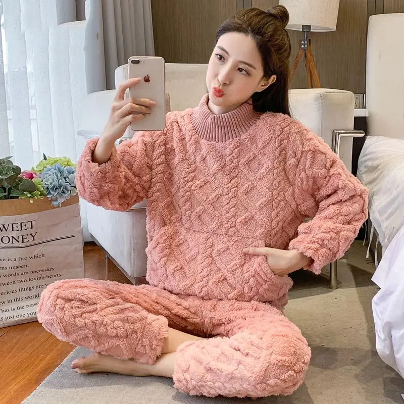 

Coral velvet winter pajamas women's autumn and winter thickened flannel oversize loose warm two-piece suit