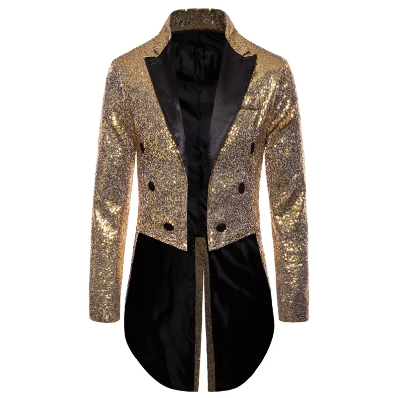 

2020 Sequin Long Jacket Blazer Men Swallowtailed Coat Stage Magician Wedding Groom Suit Tuxedo Hombre Masculino