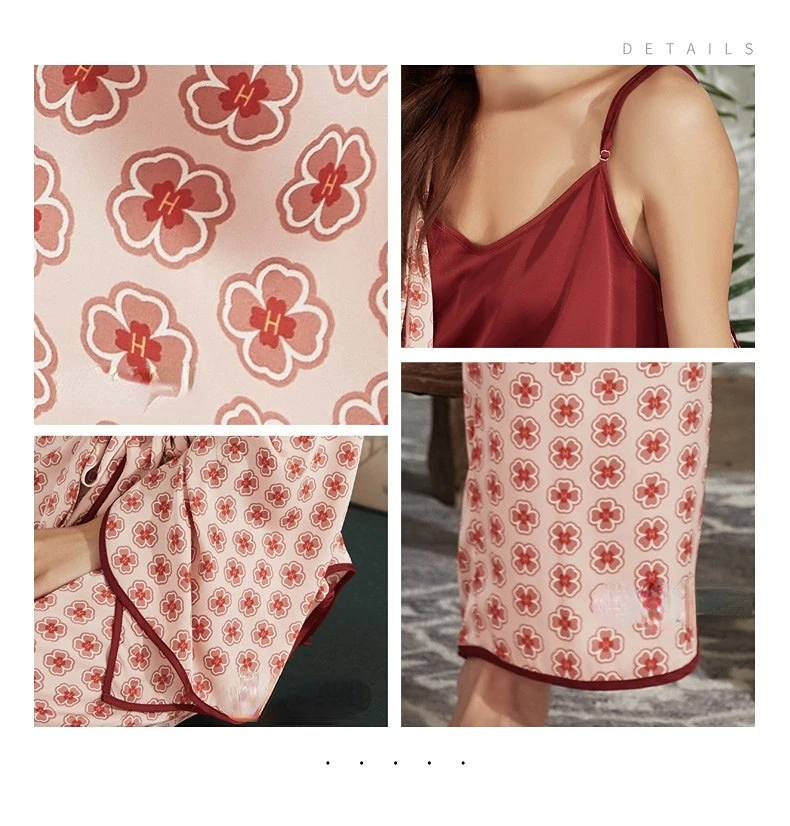 Women's Pajamas Sets Floral Pijama Ice Silk Female Pyjama Long Sleeve Kimono Robe Sling Pants 3PCS Sleepwear Suit Homewear