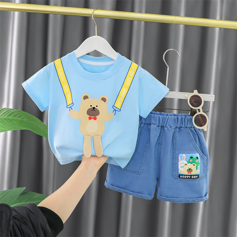 

Летняя спортивная одежда для мальчиков, комплекты детской одежды для маленьких девочек, футболка с коротким рукавом и джинсовые шорты, 2 шт., детская одежда, одежда для младенцев