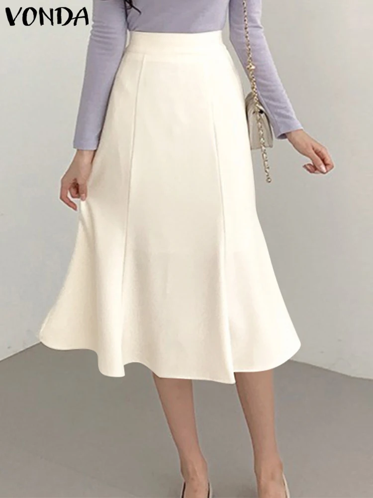 

VONDA Women Office Skirts 2023 Elegant Summer Skirts Casual High Waist Fashion A-Line Mid-Calf Skirts Oversized Femininas