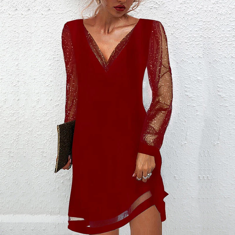 

Women Party Sexy Deep V-Neck Lace Mini Dress Casual Pleated Office Solid DressNEW 2022 Spring Elegant Mesh Long Sleeve